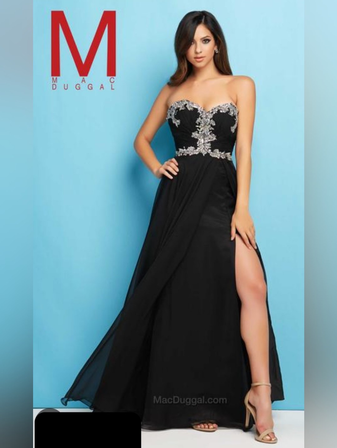 Mac Duggal Black Strapless Empire Waist Evening Gown With Crystals Sz 0-2